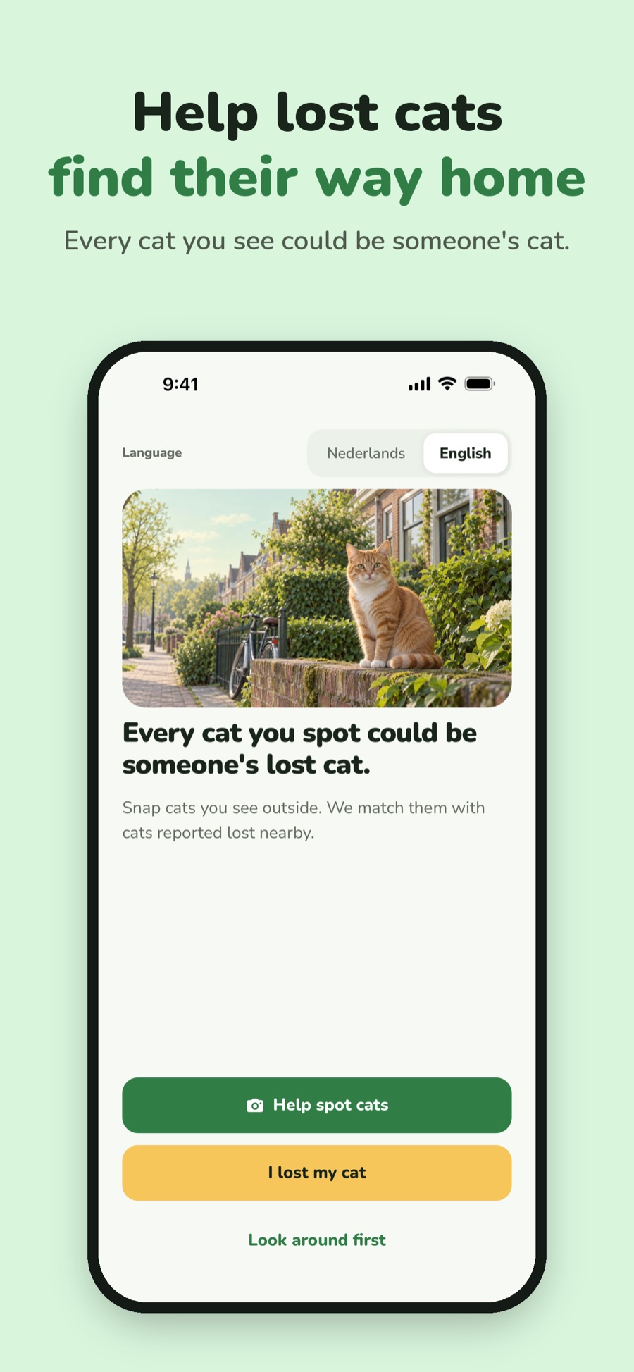 Welcome screen: help spot cats or report a lost cat